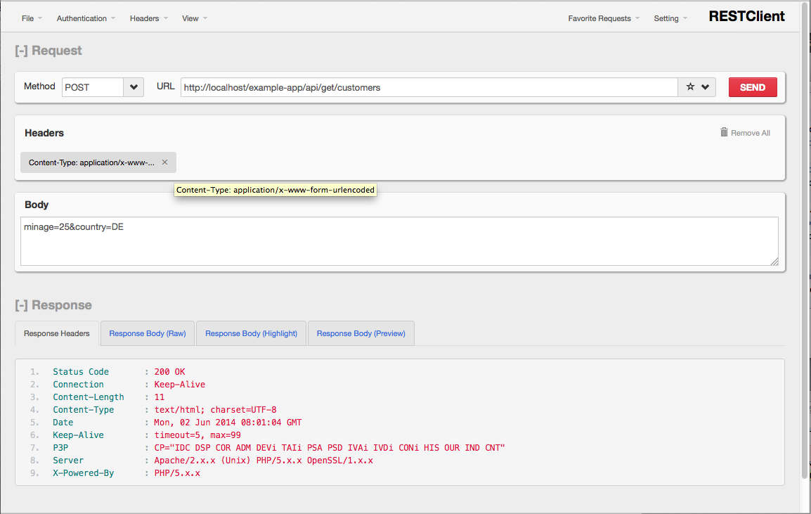 Screenshot von RESTClient beim Debugging von POST-Formularen